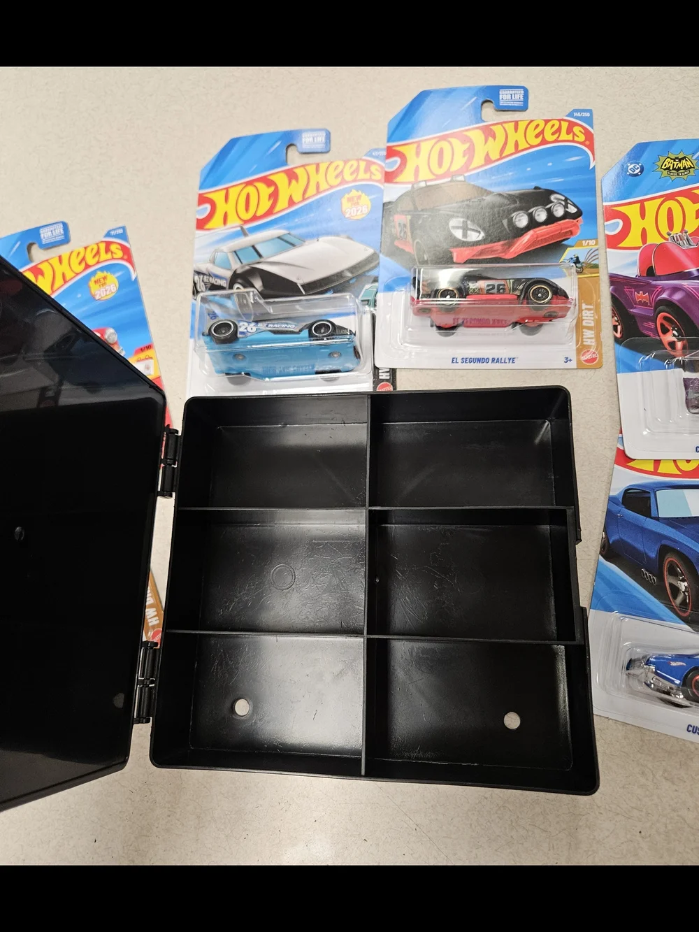 Hot Wheels 6-Car Black Storage Case AND 6 Hot Wheel Cara!! - Official Brand